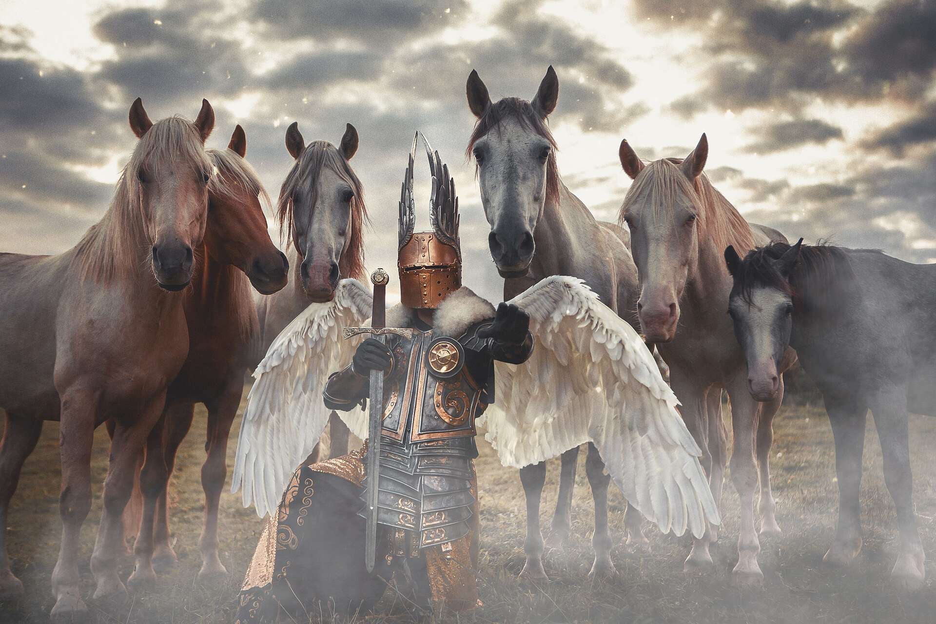 Ritter umgeben von Pferden