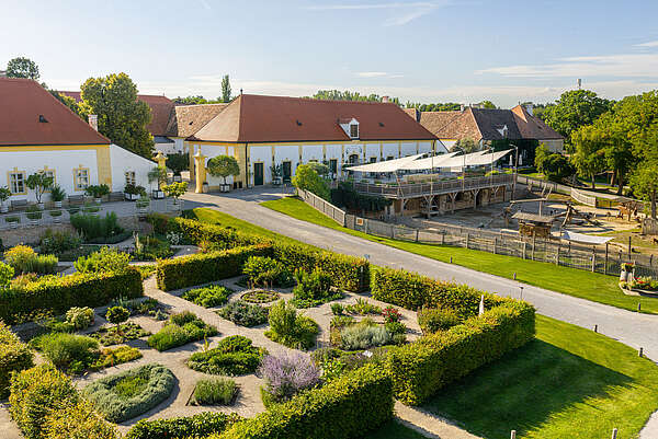 A bird's-eye view of the flower beds and petting zoo at Schloss Hof