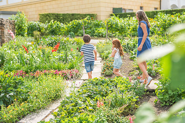 Drei Kinder gehen durch den Weinviertler Bauerngarten. Es scheint die Sonne und die Blumen blühen.