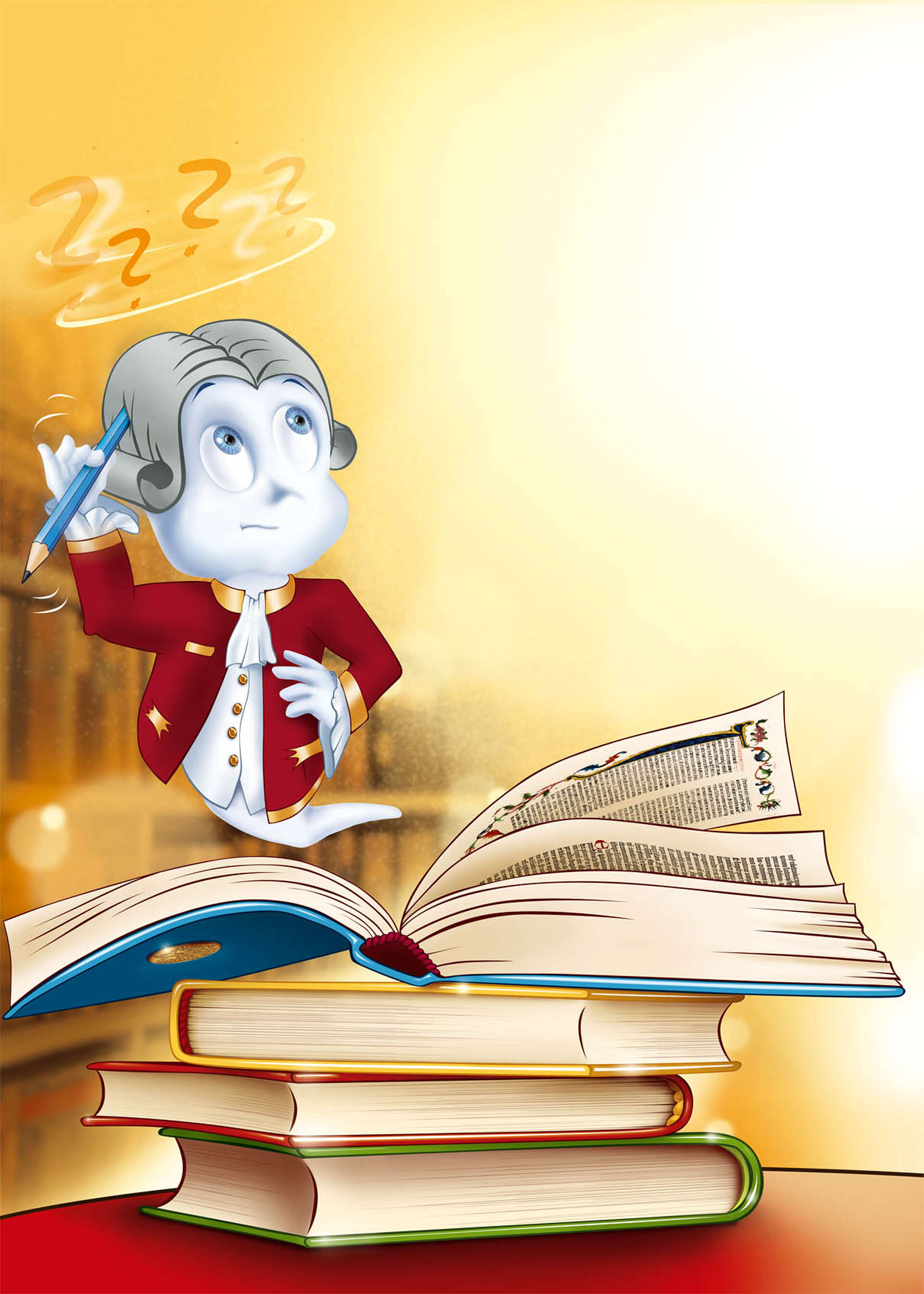 Illustration von Poldi, der sich fragend den Kopf reibt, vor ihm sind Bücher