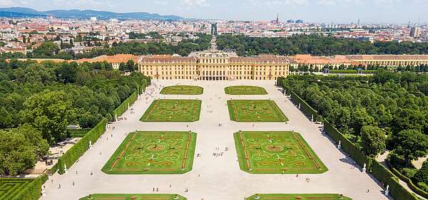 View of Schönbrunn Palace, the large parterre and the park to the left and right